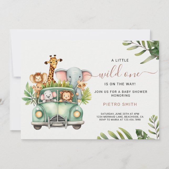 Invitación Wild One Safari Animals Baby Shower (Anverso)