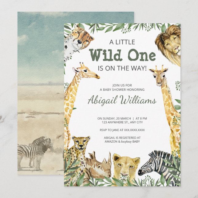 Invitación Wild One Safari Animals Baby Shower (Anverso / Reverso)