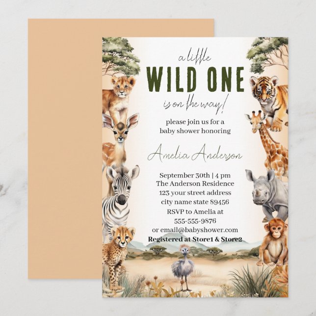 Invitación Wild One Safari Animals Baby Shower (Anverso / Reverso)