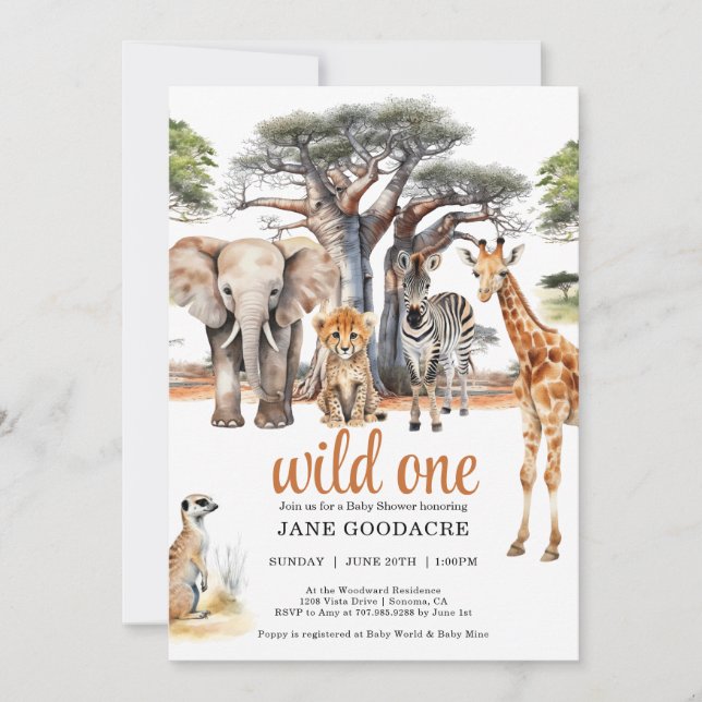 Invitación Wild One Safari Animals Baby Shower (Anverso)