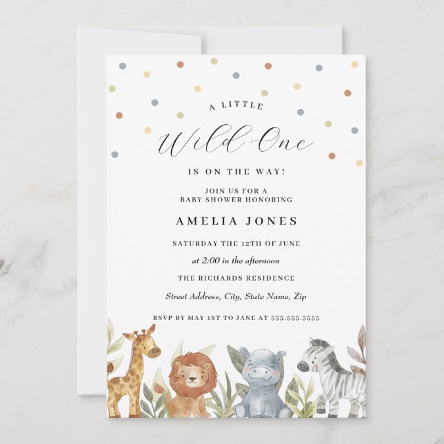 Invitación Wild One Safari Animals Baby Shower (Anverso)
