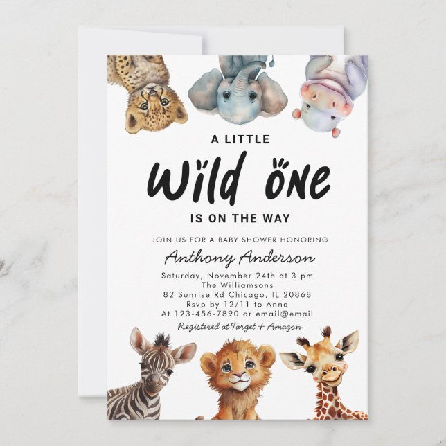 Invitación Wild One Safari Animals Baby Shower (Anverso)