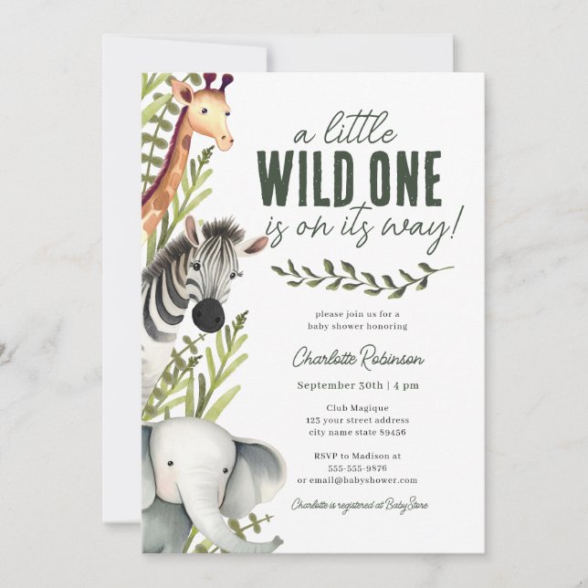 Invitación Wild One Safari Animals Baby Shower (Anverso)