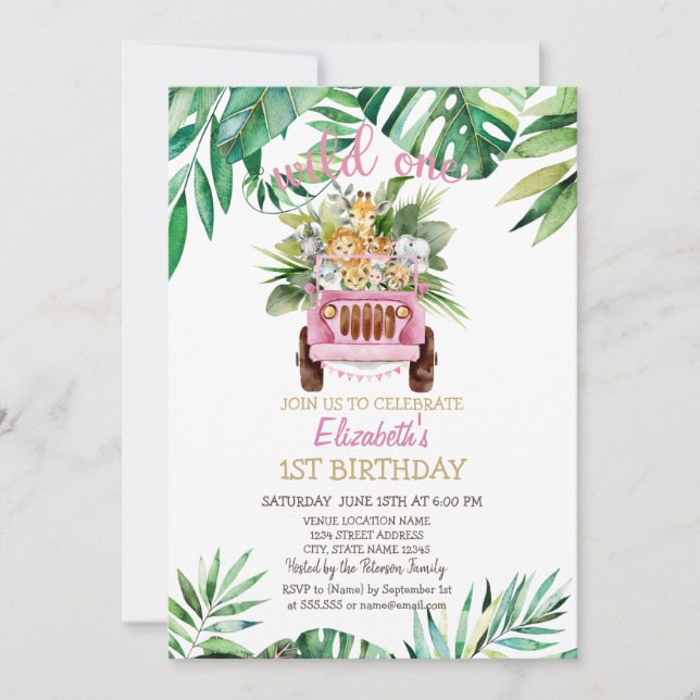 Invitación Wild One Safari Animals Car, deja el primer cumple (Anverso)