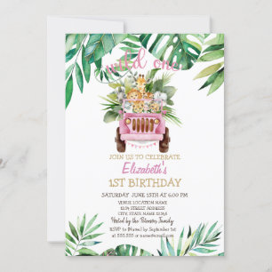Invitación Wild One Safari Animals Car, deja el primer cumple