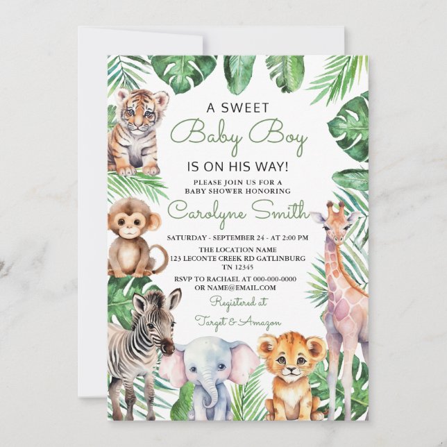 Invitación Wild One Safari Animals Greenery Baby Shower (Anverso)
