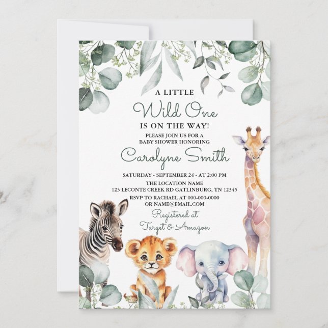 Invitación Wild One Safari Animals Greenery Baby Shower (Anverso)