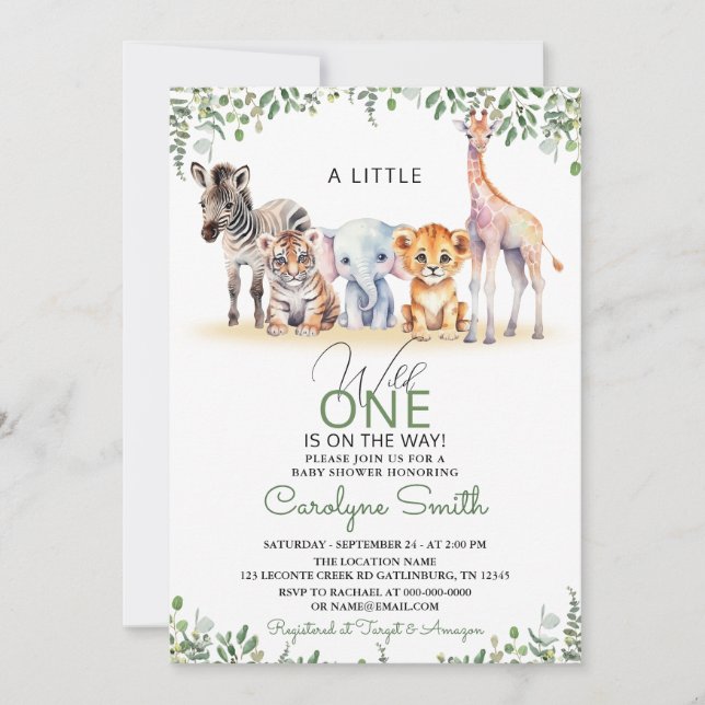 Invitación Wild One Safari Animals Greenery Boy Baby Shower (Anverso)