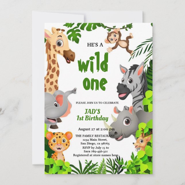 Invitación Wild One Safari Animals Jungle  Birthday  (Anverso)
