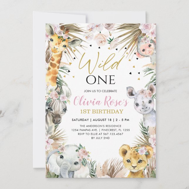 Invitación WILD ONE Safari Boho Pampas Animales 1er cumpleaño (Anverso)