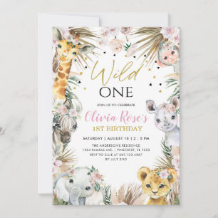 Invitación WILD ONE Safari Boho Pampas Animales 1er cumpleaño