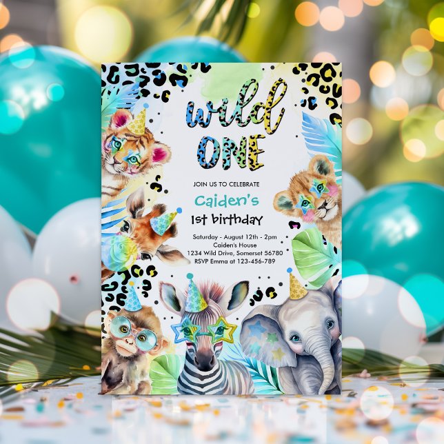 Invitación Wild One Safari Boy Blue Leopard Birthday Party (Subido por el creador)