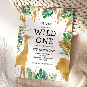 Invitación Wild One Safari Cumpleaños número uno Verde Dorado