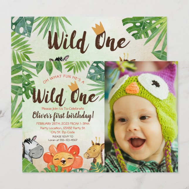 Invitación Wild One, Safari First Birthday, Foto (Anverso / Reverso)