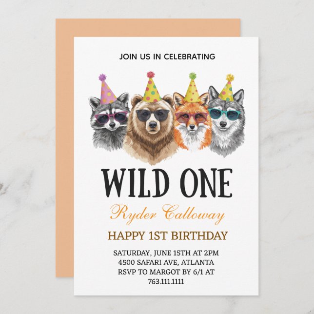 Invitación Wild One Safari First Birthday – Jungle Animal  (Anverso / Reverso)