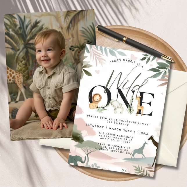 Invitación Wild One Safari foto del primer Fiesta de cumpleañ (A cute baby boy in a safari-themed setting next to a "Wild One" birthday invite.)