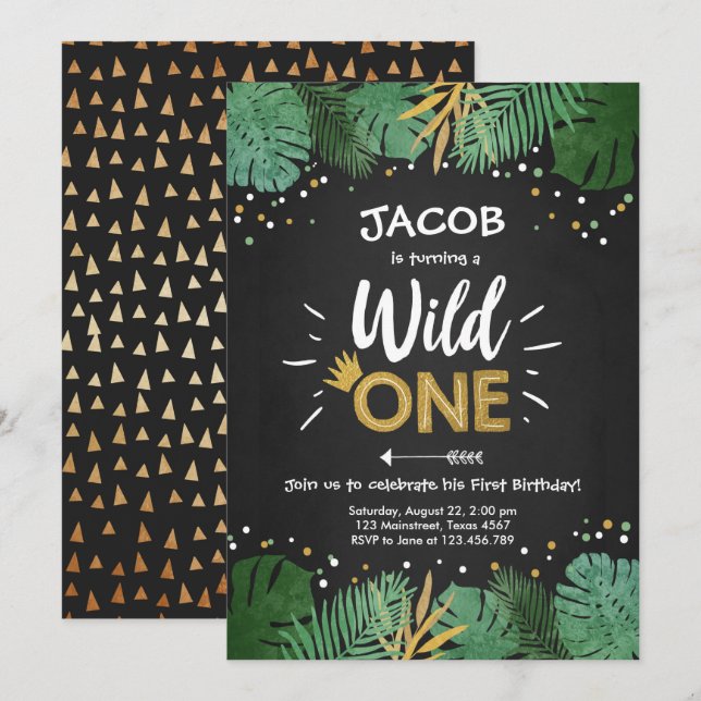 Invitación Wild One Safari Gold Boy Animales Fiesta de cumple (Anverso / Reverso)