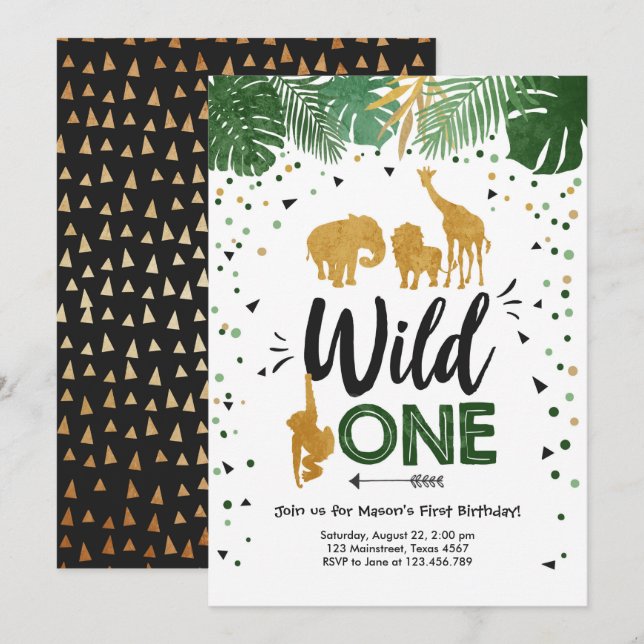 Invitación Wild One Safari Gold Boy Animales Fiesta de cumple (Anverso / Reverso)