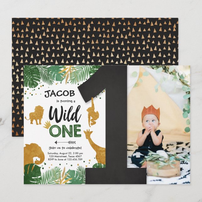 Invitación Wild One Safari Gold Boy Animales Fiesta de cumple (Anverso / Reverso)