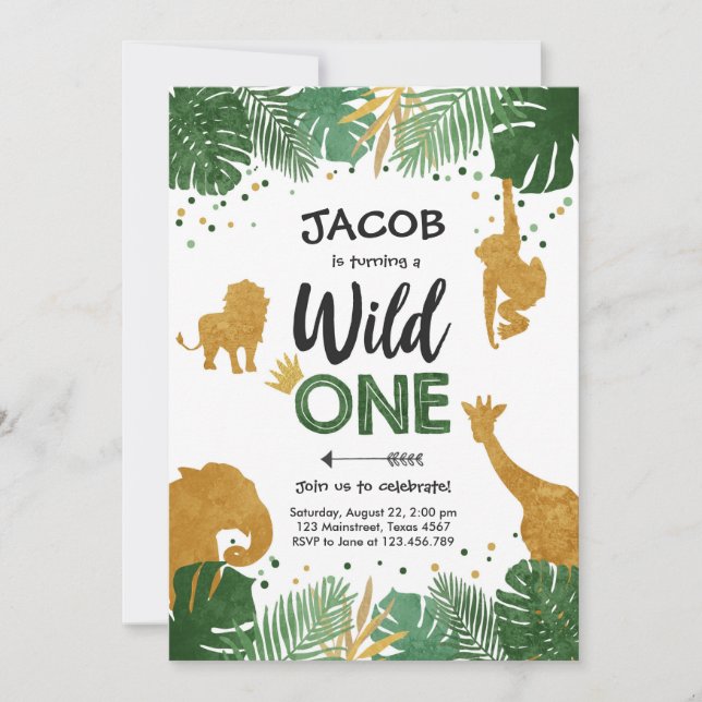 Invitación Wild One Safari Gold Boy Animales Fiesta de cumple (Anverso)