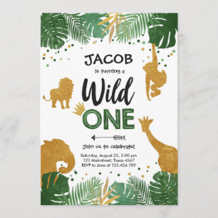 Invitación Wild One Safari Gold Boy Animales Fiesta de cumple