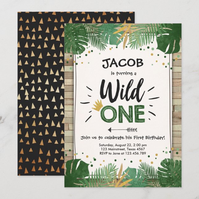 Invitación Wild One Safari Gold Boy Animales Fiesta de cumple (Anverso / Reverso)