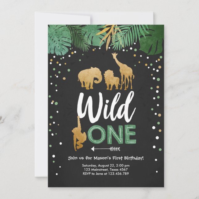 Invitación Wild One Safari Gold Boy Animales Fiesta de cumple (Anverso)