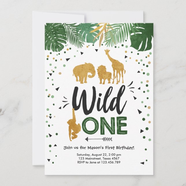 Invitación Wild One Safari Gold Boy Animales Fiesta de cumple (Anverso)