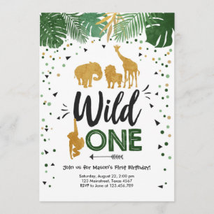 Invitación Wild One Safari Gold Boy Animales Fiesta de cumple