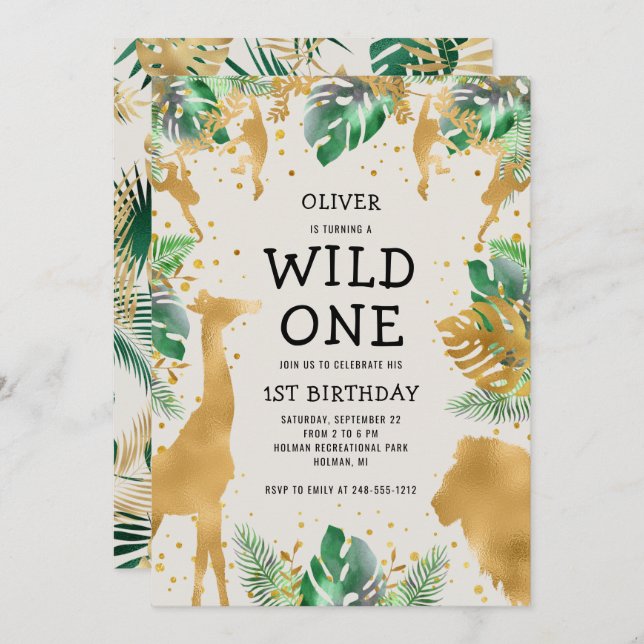 Invitación Wild One Safari Green Gold Ecru Primer cumpleaños (Anverso / Reverso)
