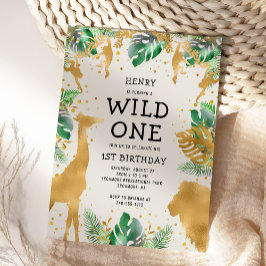 Invitación Wild One Safari Green Gold Ecru Primer cumpleaños