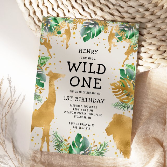 Invitación Wild One Safari Green Gold Ecru Primer cumpleaños (Subido por el creador)
