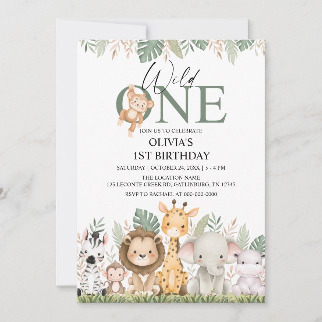 Invitación Wild One Safari Jungle Animals 1st Birthday (Anverso)