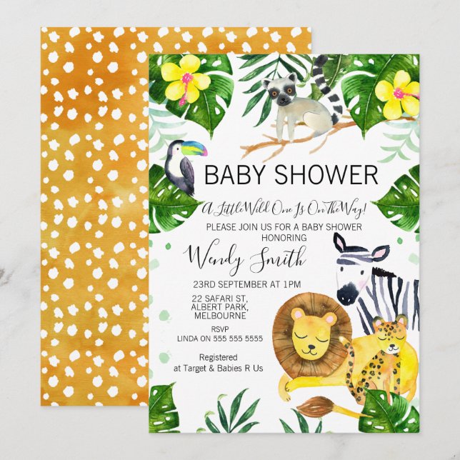Invitación Wild One Safari jungle Animals Baby Shower (Anverso / Reverso)
