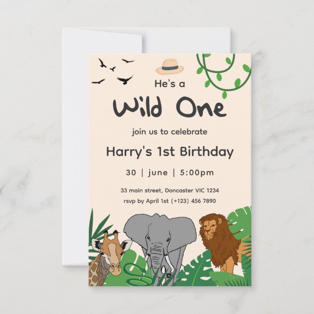 Invitación Wild One Safari Jungle Animals Cumpleaños bebé 1 a (Anverso)