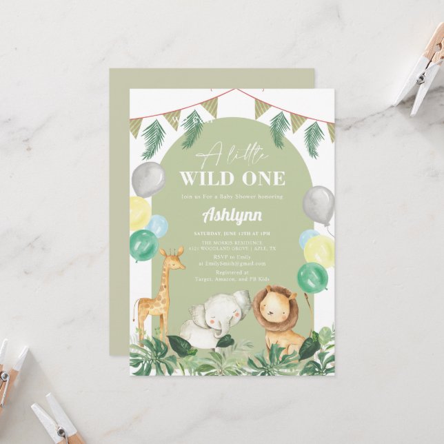 Invitación Wild One Safari Jungle Greenery Boy Baby Shower (Anverso/Reverso In Situ)