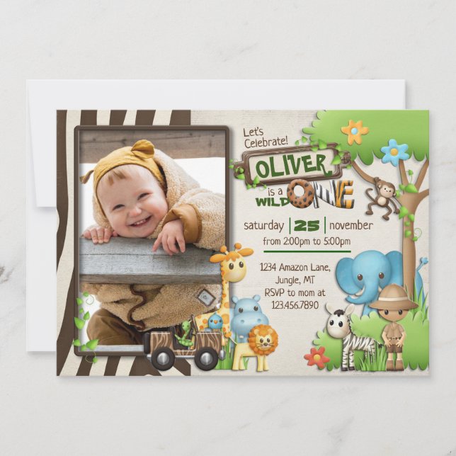 Invitación Wild One Safari Photo Birthday for boy (Anverso)