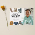 Invitación Wild One Safari Theme First Birthday Party Photo<br><div class="desc">Cute and fun kid's first birthday party invitation featuring illustration of safari animals of giraffe,  snow leopard,  rhino,  lion,  elephant,  and zeebra. The text says "Wild One." Perfect for a boy's 1st birthday party. Add your child's photo as well on the front of the card.</div>