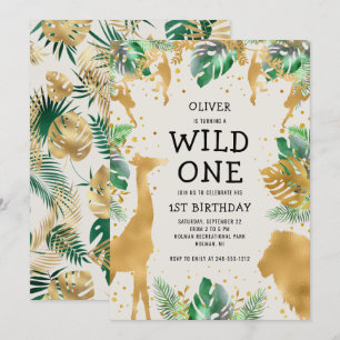 Invitación Wild One Safari Verde Dorado Crema Cumpleaños 1