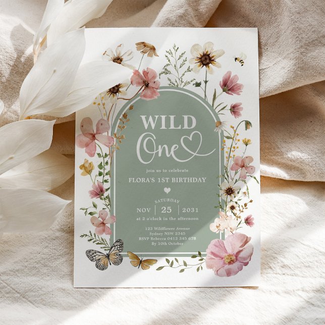 Invitación Wild One: Sage Green Wildflower First Birthday (Subido por el creador)