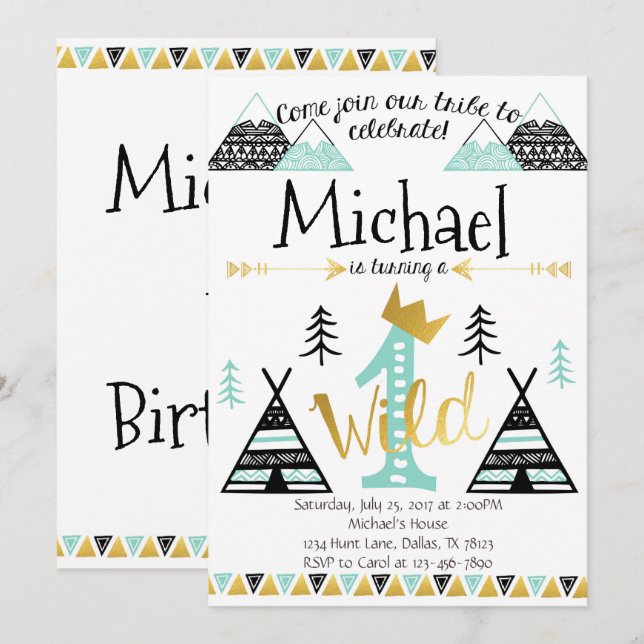 Invitación Wild One Tribal Birthday Party Invitation Boy (Anverso / Reverso)