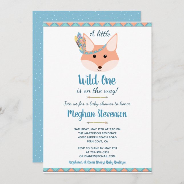 Invitación Wild One Tribal Boho Aztec Blue Boy Baby Shower (Anverso / Reverso)