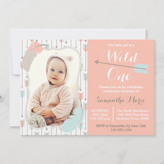 Invitación Wild One Tribal Chica foto rosa de primer cumpleañ (Anverso)