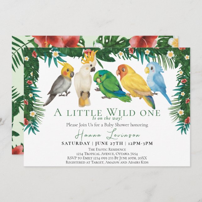 Invitación Wild One Tropical Exotic Parrots Baby Shower (Anverso / Reverso)