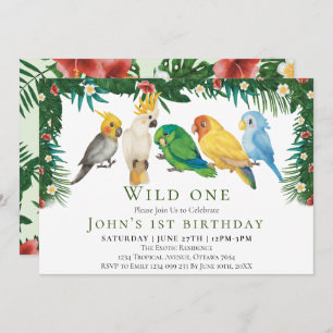 Invitación Wild One Tropical Exotic Parrots Boy 1er cumpleaño