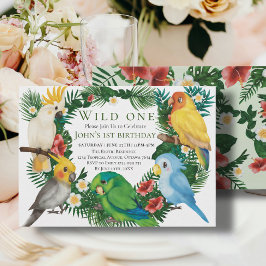 Invitación Wild One Tropical Exotic Parrots Boy 1er cumpleaño