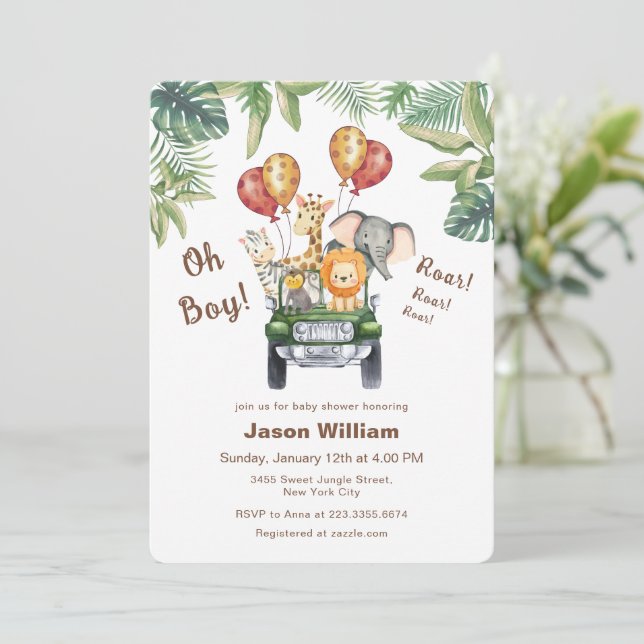 Invitación Wild One Tropical Jungle Safari Boy Baby Shower  (Anverso de pie)
