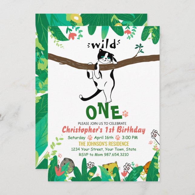 Invitación Wild One Tuxedo Kitty Kids 1er cumpleaños (Anverso / Reverso)