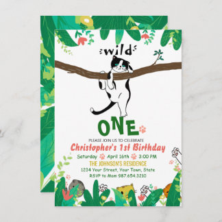 Invitación Wild One Tuxedo Kitty Kids 1er cumpleaños