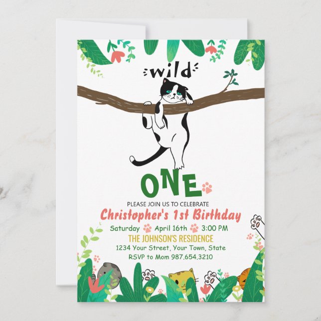 Invitación Wild One Tuxedo Kitty Kids 1er cumpleaños (Anverso)